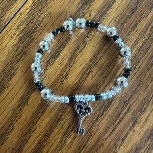 Silver & Black Beaded Key Charm Bracelet